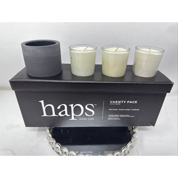 HAPS Mood Care Candle SET Variety Pack 3 Candles 1 Ceramic Votive Vessel - New - Picture 2 of 4